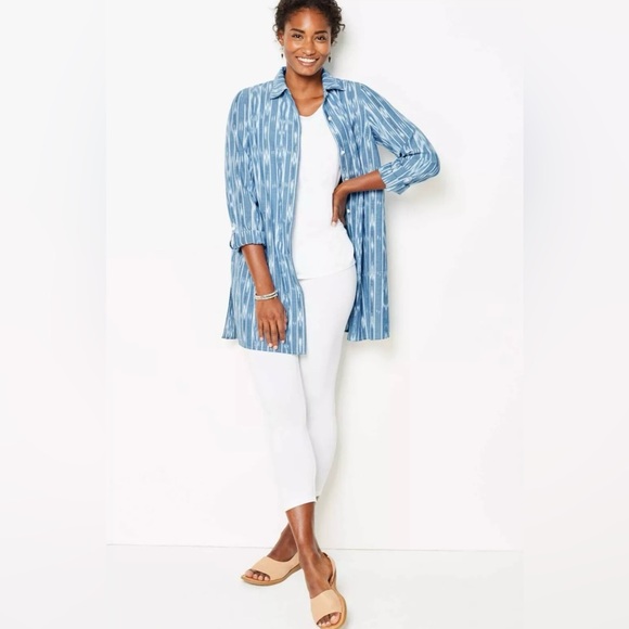 J. Jill Pure Jill Cotton Button Front Ikat Blue Tunic Top Size XL 3/4 Sleeve - Picture 12 of 15